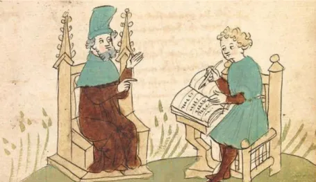 Abb. 1: Cod. Pal. germ. 323, fol. 3 r : Rudolf von Ems diktiert einem Schreiber den Willehalm von Orlens
