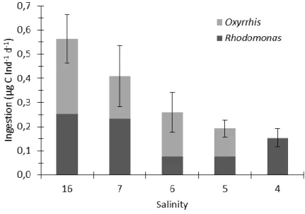 Figure 5: Ingestion rates (µg C fem-1 d-1) of Acartia longiremis females at different salinity