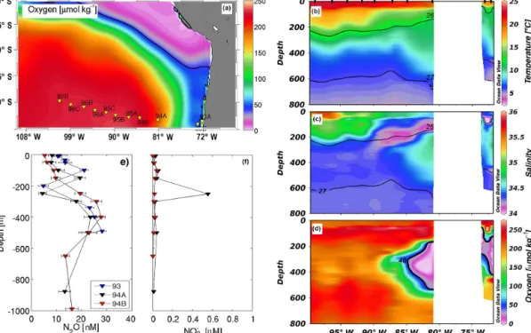 Figure 1. (a) Climatology of dissolved oxygen distributions (µmol kg −1 ) at a depth of 200 m in the eastern South Pacific Ocean