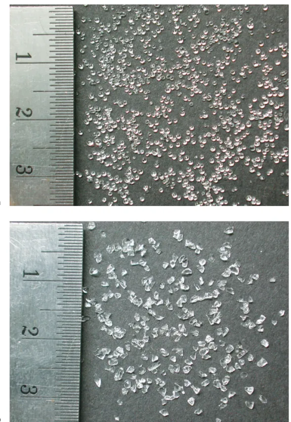 Figure 3.7: Granular materials for use as transparent porous matrix: a plexiglass b fused silica
