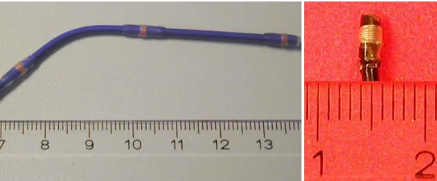 Abb. 3.1: Katheter mit 3 Spulen (links) und Spitze eines am DKFZ hergestellten  Katheters (rechts)