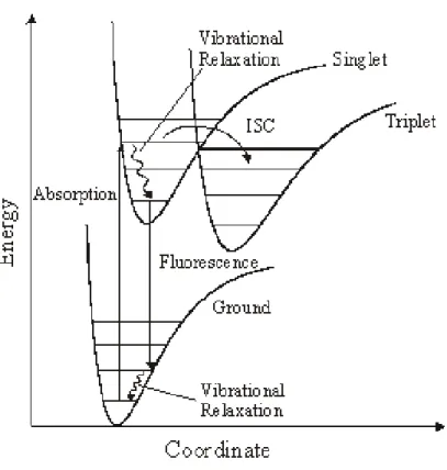 Figure 1: Potential energy curves and fluorescence cycle of a single-molecule. ISC depicts  intersystem crossing to the triplet state
