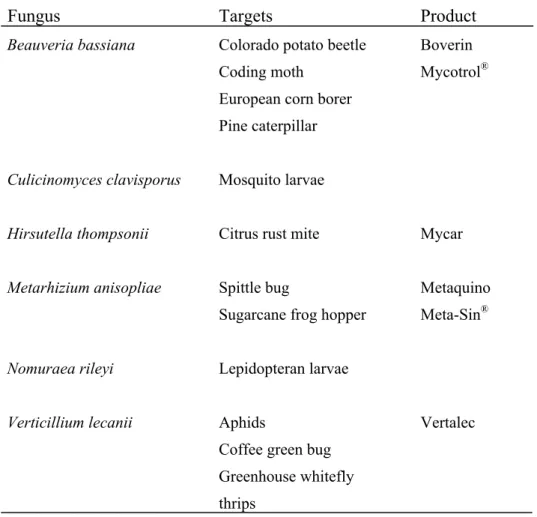 Table 1.1. Entomopathogenic fungi in commercial and experimental production (adapted from Khachatourians, 1986)