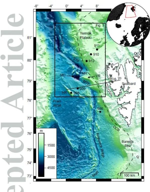 Fig.  1:  Bathymetric  map  of  the  western  Svalbard  margin,  located  in  the  northern  North  Atlantic (inset)