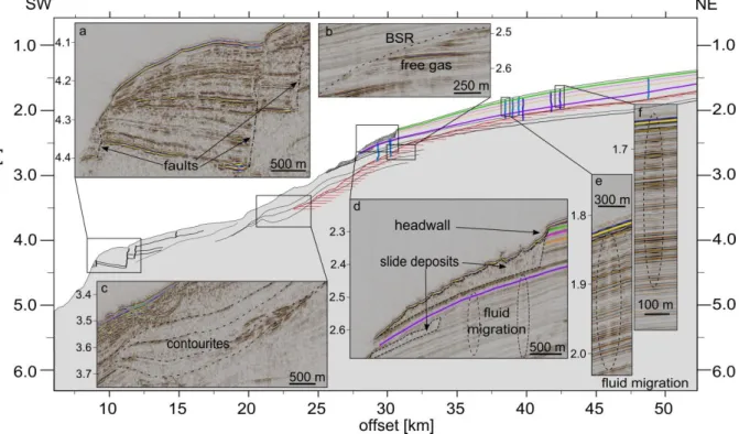 Figure 2.2:  Line drawing of the 2D seismic profile showing the main features: a BSR (red) indicates free gas  underneath;  slide  deposits  are  shown  in  dark  grey;  layered  sediments  in  the  shallow  area  with  pipe  structures  indicate rising fl