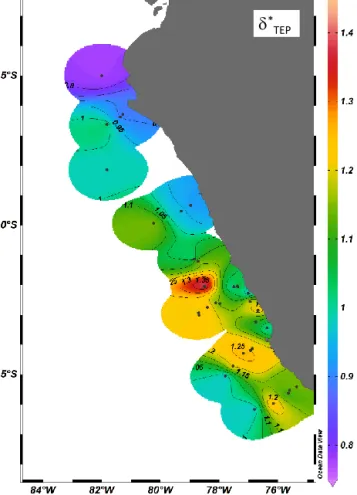 Figure 9. Spatial distribution of the slope ratio, δ ∗ , for TEP in the upwelling region off the coast of Peru during M91.