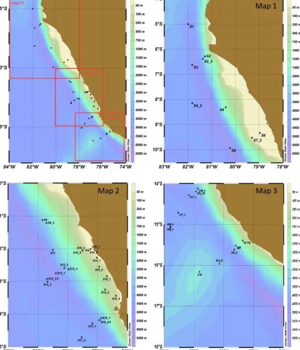 Figure 1. Maps of stations where sampling for the sea-surface microlayer (SML) and underlying seawater (ULW) was conducted during the SOPRAN Meteor 91 cruise along the coastal upwelling area off the coast of Peru in 2012.
