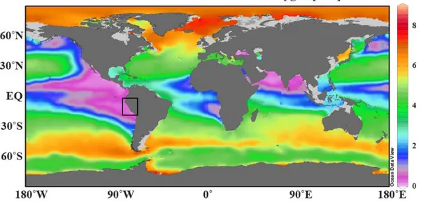 Figure 1. Global map showing the dissolved oxygen concentrations in the water column at 400 m  water depths