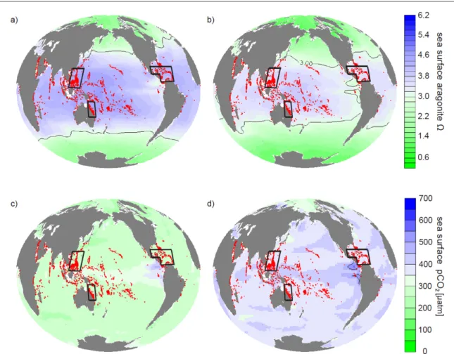 Figure 1. Annual mean surface aragonite Ω and pCO 2 simulated by the UVic model control run without regional arti ﬁ cial ocean alkalinization ( AOA ) for preindustrial ( a ) , ( c ) and 2020 ( b ) , ( d ) 