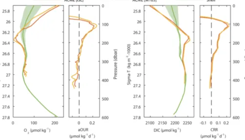 Figure 7. Estimated biogeochemical rates within the ACME as derived along isopycnals between the shelf (green) and the ACME at the time of the two surveys (red, yellow)