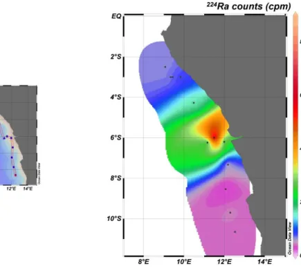 Figure 5.9: Preliminary distribution the short-lived  224 Ra concentration (cpm) in surface  waters of the northern part of the cruise track including the Congo inflow at 6°S