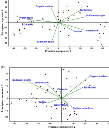 Figure 6. Principle component analysis (PCA) from two different angles of Hellinger transformed data of N 2 fixation and  environ-mental parameters along vertical profiles