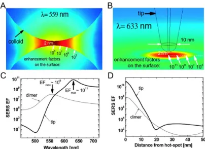 Figure 1.6. A. SERS enhancement factor (EF) distribution in the region of the gap (2  nm)  between  two  gold  nanoparticles  (radii  =  30  nm)  calculated  in  the  electrostatic  approximation with finite-element modeling (for polarization along the ver