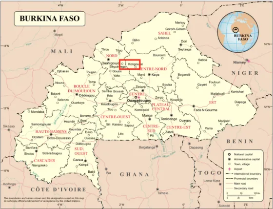 Figure 5: Map of Burkina Faso with study area in red. Source: United Nations (2018). Map No