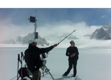 Fig. 3: Scene at the filming of the documentary “v eRnagt ”, describing long- long-term observation and scientific work on the Vernagtferner Glacier, Oetztal  Alps, Austria (photo: DEKRA).