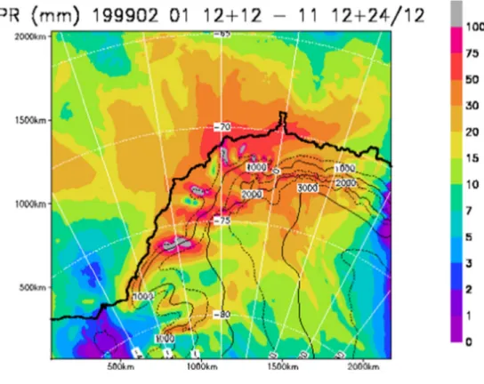 Figure 8 shows time series of 6-h precipitation at a partic- partic-ular grid point close to Neumayer Station from the study of Wacker et al