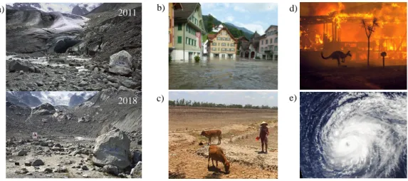 Figure 2: Effects of climate change. a) Comparison of the Morteratsch Glacier in Switzerland between 2011 and 2018 ( c Sammlung Gesellschaft f¨ ur