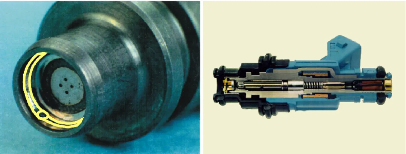 Abbildung 4.5: Links: Am unteren Ende befindet sich eine Spritzlochscheibe (typischerweise mit vier oder fünf Löchern), die mit einer Rundschweißung im hülsenförmigen Metallkörper fixiert ist