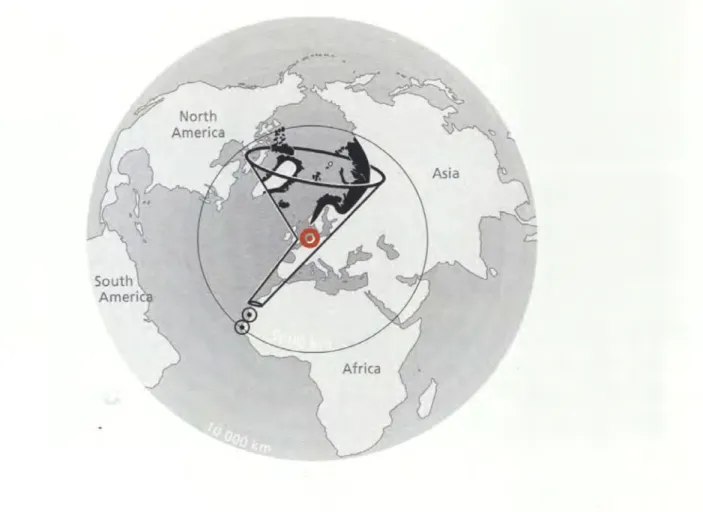 Fig.  4: Schematic illustration of the East  Atlantic Flyway,  the Wadden Sea  (red dot) is  like the  neck of  a funnel  for birds  coming from  breeding grounds  in  North America  and  Eurasia  and  travelling down  to Africa, source: van  de Kam  (2004