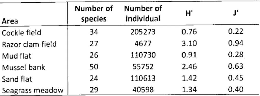 Table 2:  Results  of the biodiversity analysis,  H'=Shannon-lndex, J'=Pielou's evenness  Number of  Number of 