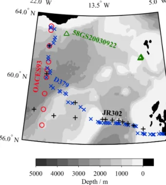 Figure 8. Meridional section of δ 13 C DIC results from this study, from south to north in the eastern subpolar North Atlantic Ocean (green in Fig