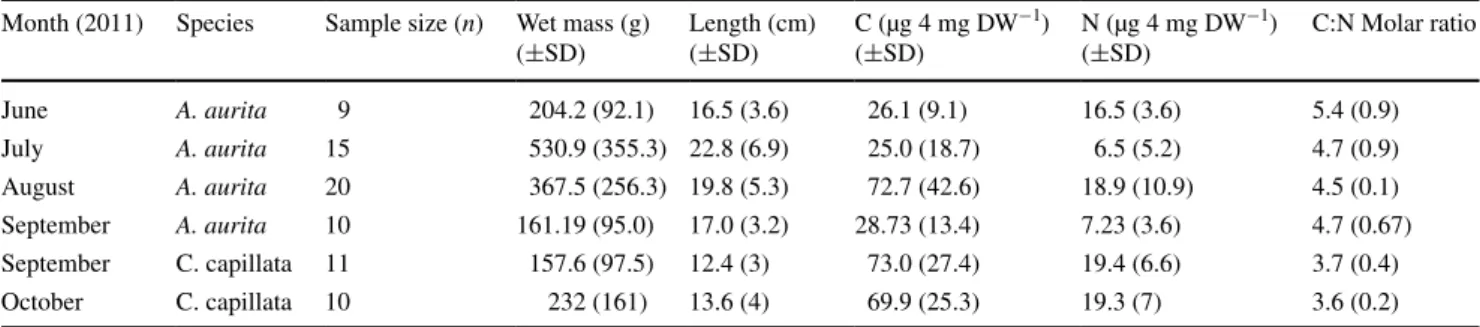 Table 1    Temporal biometric data (mean  ±  SD) collected for A. aurita and C. capillata from June to October 2011 Month (2011) Species Sample size (n) Wet mass (g) 