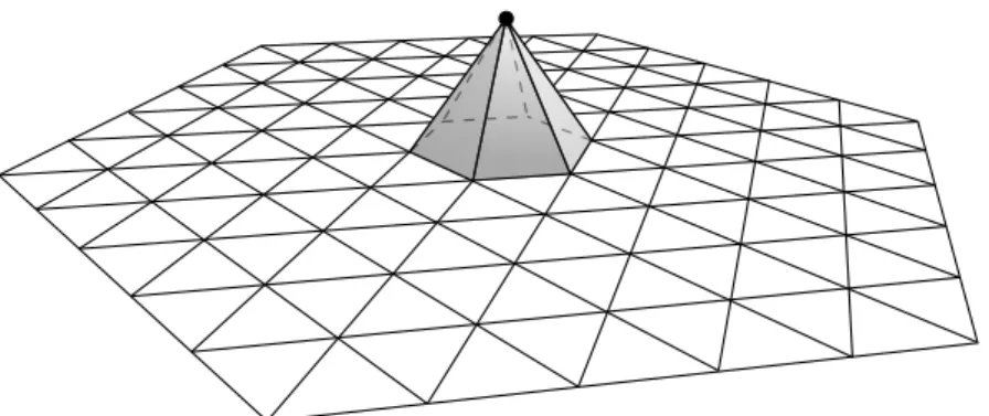 Figure 4.1. A triangulation of a two-dimensional domain with a hat function. Figure adapted from http://brickisland.net/cs177fa12/?p=302 .