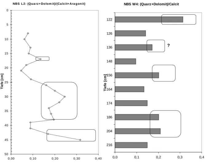 Abbildung 19: Verhältnis der allochthonen zu den  autochthonen Mineralphasen in den Bohrkernen NBS L2 und W4