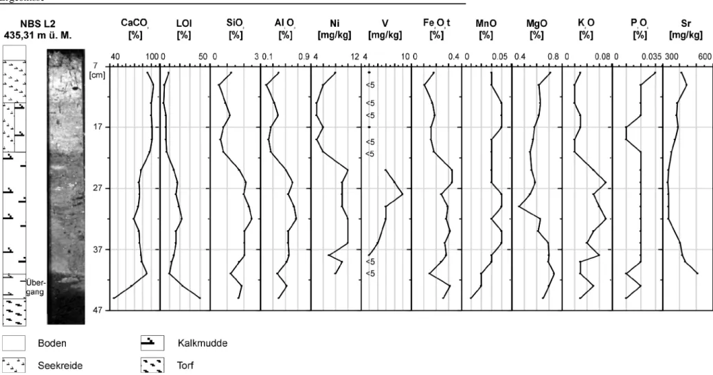 Abbildung 21: Stratigraphie und Verteilung ausgewählter Elemente in Bohrkern NBS L2. Weitere Erläuterungen siehe Text.