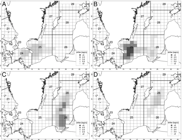 Fig. 9. Final horizontal distributions of virtual drifters (1971–2010) representing surviving eastern Baltic cod first-feeding yolk-sac larvae (log 10 -transforrmed) successfully spawned in different spawning grounds in the central Baltic Sea (a) Arkona Ba
