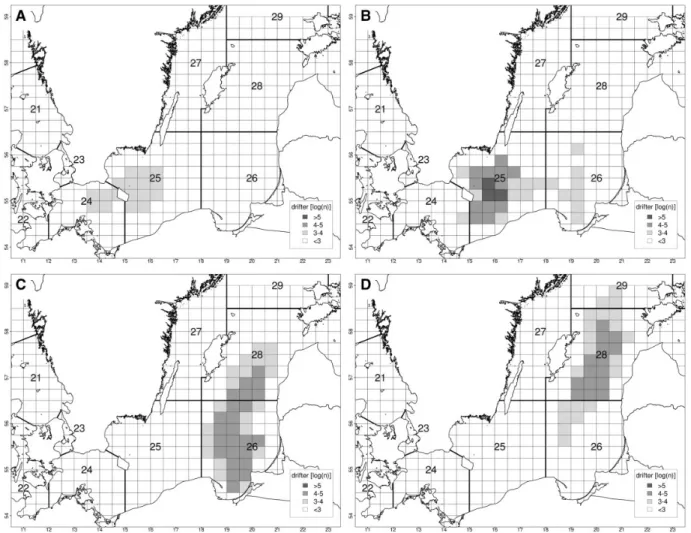 Figure 8. Final horizontal distributions of particles (1971–2010) representing surviving Baltic ﬂounder ﬁrst-feeding yolk-sac larvae (log 10 -transforrmed) successfully spawned in different spawning grounds in the central and eastern Baltic Sea (a) Arkona 