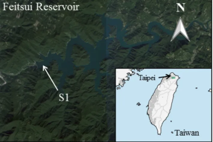 Figure 1. Location of Feitsui Reservoir in northern Taiwan. Small green rectangle indicates the enlarged satellite map of the reservoir with the position of the long-term station S1 near the dam indicated.