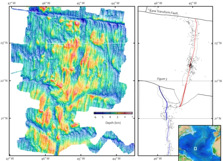 Figure 2. Location map showing regional bathymetry (left) and an outline of the rift geometry (right) with features related to the TAMMAR propagating segment highlighted (refer to cartoon in Fig