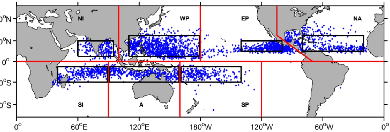 Figure 5 shows a map of the origin points of all TCs for the years 1981 to 2010. According to TC formation, the tropical ocean is subdivided into seven different regions: North Atlantic (NA), eastern North Pacific (EP), western North Pacific (WP), North In