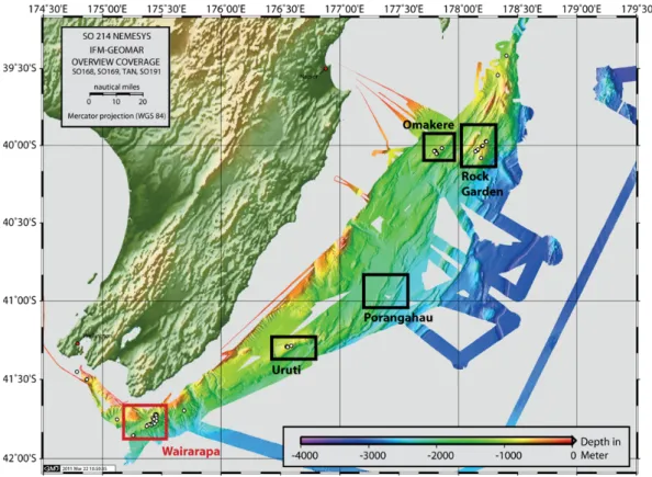 Figure  1.1:  Overview  map  of  the  Hikurangi  Margin,  offshore  New  Zealand’s  North  Island,  displaying  the  working areas (rectangles) of the cruise SO214 Nemesys. Wairarapa area, the focus of this thesis study, is marked  with a red rectangle; wh