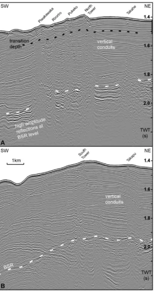 Figure 3.2: A) Northern and B) southern 2D seismic line along the main seep sites on Opouawe Bank, displaying  the  gas  migration  pathways  through  the  accretionary  ridge.  These  pathways  appear  as  vertical  conduits  of  limited extend on the 2D 