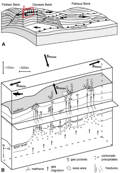 Figure 3.4 The sketches (not to scale) display Opouawe Bank in relation to the regional tectonic regime (A) and  the stress  regime  of  the ridge (B). The  elongated gas migration structures are  the result  of  an anisotropic  stress  regime  within  the