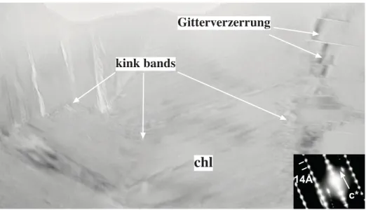 Abb. 3.10: Hochauflösende TEM-Aufnahme von Probe cm-91-99 zeigt ein Chloritkristall mit typisch detritischen Indikatoren wie kink-bands und Gitterverzerrungen
