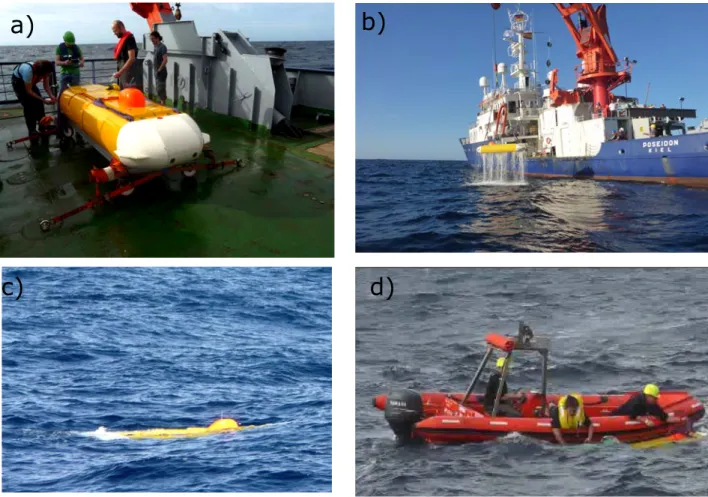 Fig.  3:  AUV  D E DA V E  operations.  a)  AUV  shortly  before  launch,  b)  AUV  is  being  launched, c) AUV during the test d) The zodiac had to be used for launch and recovery  of the vehicle.