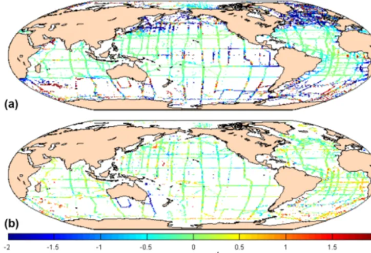 Figure 14. GLODAPv2.2016b nitrate gridded input data mi- mi-nus WOA09 annual mapped nitrate climatology at 10 m (a) and 3000 m (b).