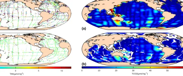 Figure 8. Difference between the gridded nitrate input data and the mapped climatologies at 10 m (a) and 3000 m (b).