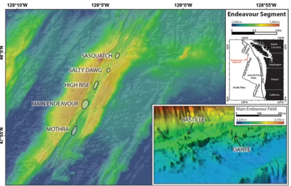 Figure 1. Bathymetric map of the Endeavour Segment, showing the locations of the main active vent ﬁelds
