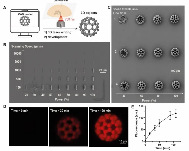 Figure 3.  Nanoscribe 3D-printing, functionalization and photo-switching of color-changing fullerene-shaped  microstructures