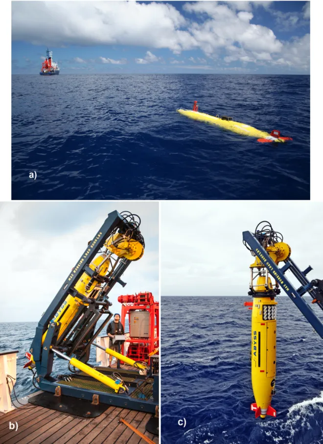 Figure 1: AUV “ABYSS“, a) at the sea surface approaching the German research vessel “POSEIDON” for recovery, b) deployed with its launch and recovery system, c) novel LED flash system in the front and the camera behind a dome port in the tail section of th