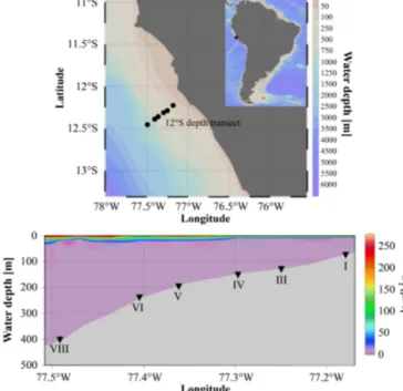 Figure 1. Study area, sampling stations, and O 2 concentration in µM along the 12 ◦ S transect.