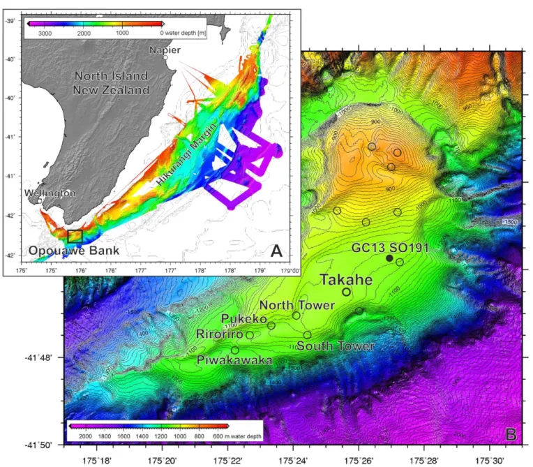 Figure 1. (a) Overview of the Hikurangi Margin and (b) the location of the study area (Opouawe Bank) at the southern tip of New Zealand’s North Island