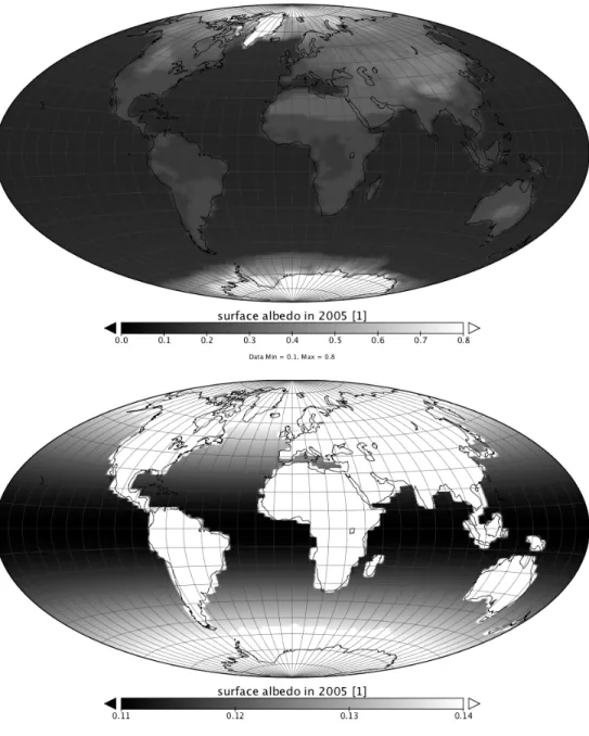 Figure S1. Regional distribution of the surface albedo in UVic ESCM in 2005. top: For a