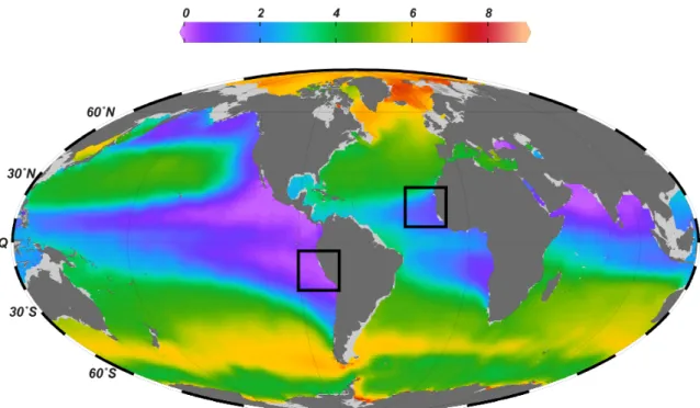Figure  1:  Global  dissolved  oxygen  concentrations  (mL L -1 )  at 400 m water  depth  (annual  mean)