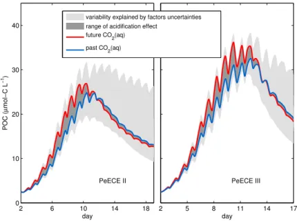 Figure 3.2 . Reference simulation of POC for high CO 2 (red) and low CO 2 (blue) experimental conditions bound the range of acidification effect (dark gray) according to our model projections.