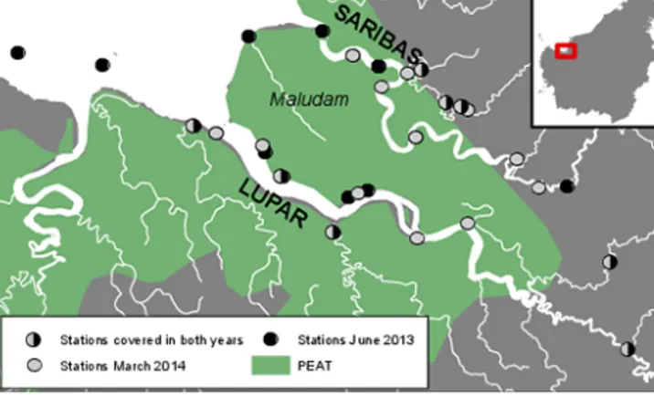 Figure 1. Map of the study area. The stations are indicated by the grey and black dots; peat soils (histosols) are indicated in green (as of FAO, 2009).